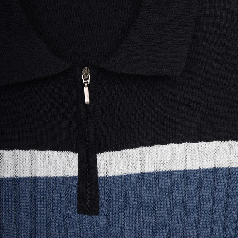 Half Zipper Striped Knitwear Polo   - NAVY- Available in store