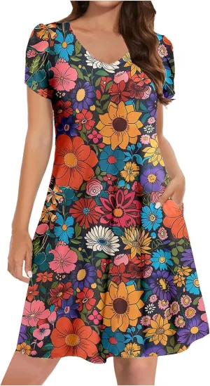 Hawaiian Dresses for Women Trendy V Neck Short Sleeve Dress Vintage Floral Printed Midi Dress with Pockets