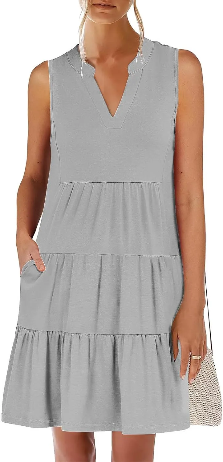 hlysgo Women's Casual Dresses 2025 Summer Beachwear Coverup Peplum Sundress Trendy Sleeveless V Neck Mini Dress with Pockets