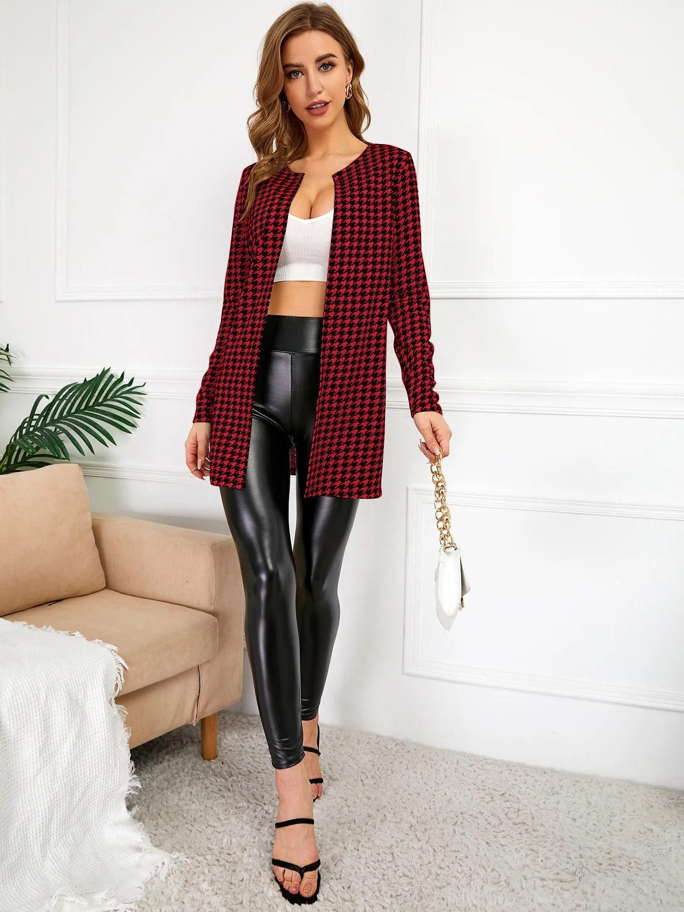 Houndstooth Pattern Open Front Coat