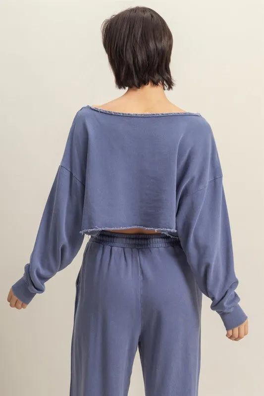 HYFVE Frayed Detail Boat Neck Long Sleeve Crop Top In Dusty Blue