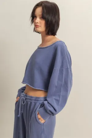 HYFVE Frayed Detail Boat Neck Long Sleeve Crop Top In Dusty Blue