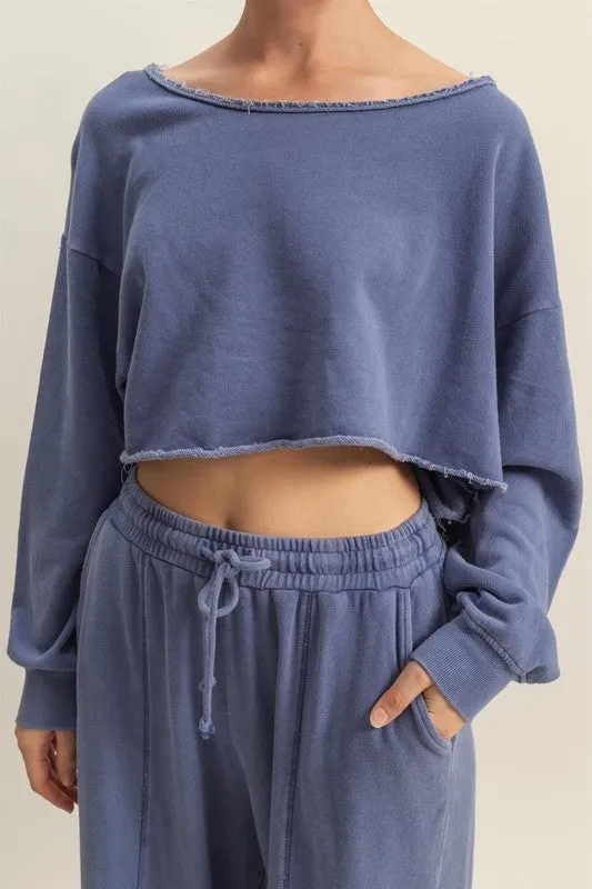 HYFVE Frayed Detail Boat Neck Long Sleeve Crop Top In Dusty Blue
