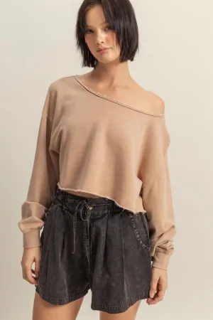 HYFVE Frayed Detail Boat Neck Long Sleeve Crop Top In Tan