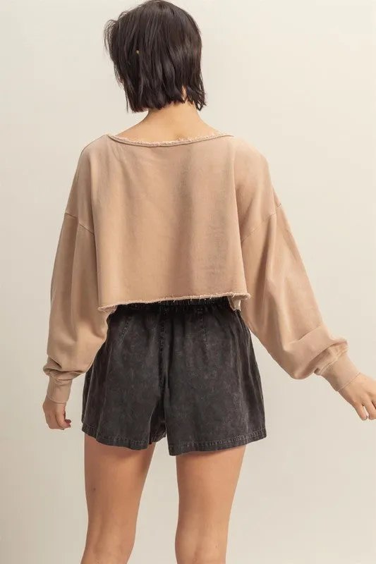 HYFVE Frayed Detail Boat Neck Long Sleeve Crop Top In Tan