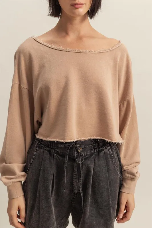 HYFVE Frayed Detail Boat Neck Long Sleeve Crop Top In Tan