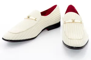Ivory Striped Velvet Smoking Loafer with Designer Bit