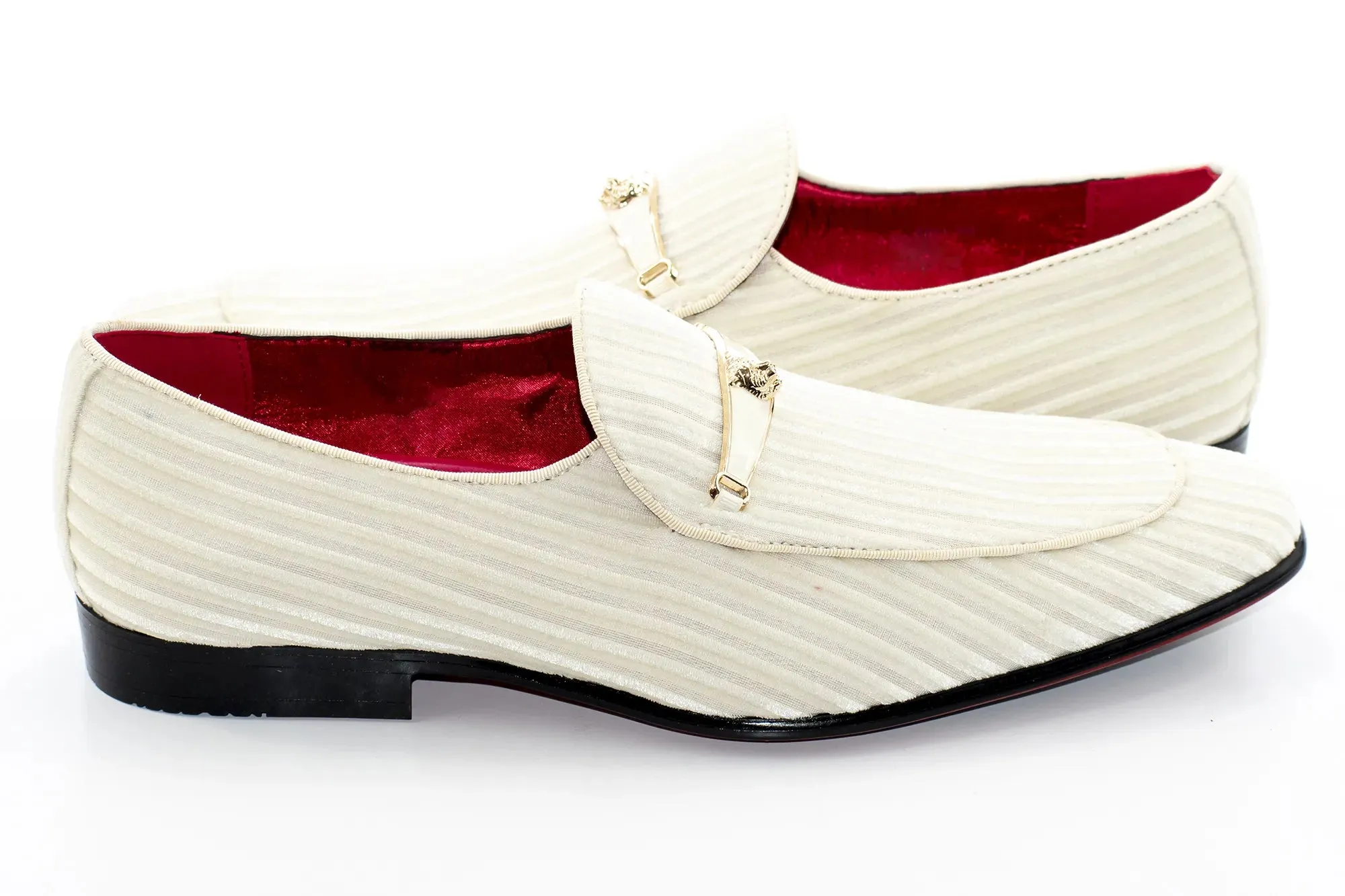 Ivory Striped Velvet Smoking Loafer with Designer Bit