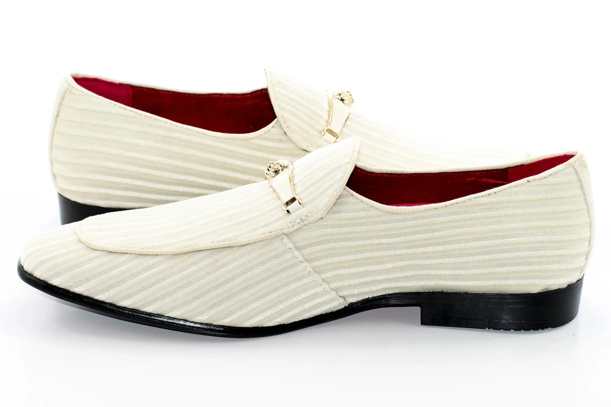 Ivory Striped Velvet Smoking Loafer with Designer Bit