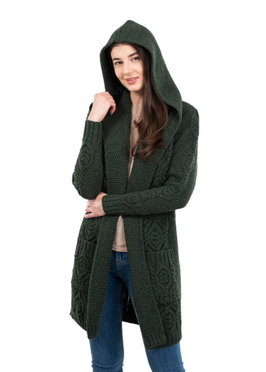 Ladies Classic Long Hooded Cardigan | Army Green