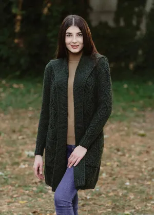 Ladies Classic Long Hooded Cardigan | Army Green