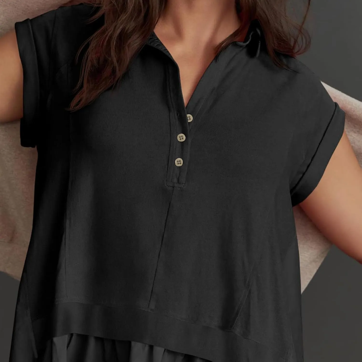 LEMONONSTORE Summer T Shirt Dress for Women Roll-Up Sleeve Ruffle Tunic Dress Button Lapel Neck Patchwork Party Mini Dresses