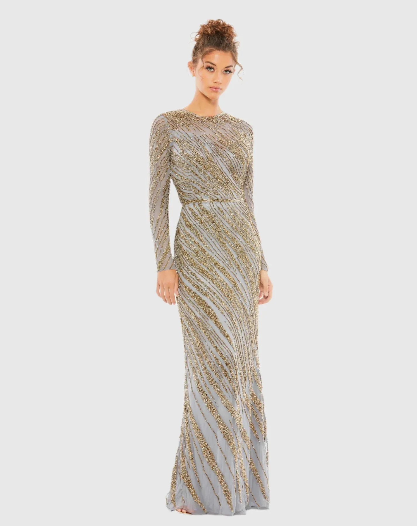Long sleeve beaded column modest gown - Mocha