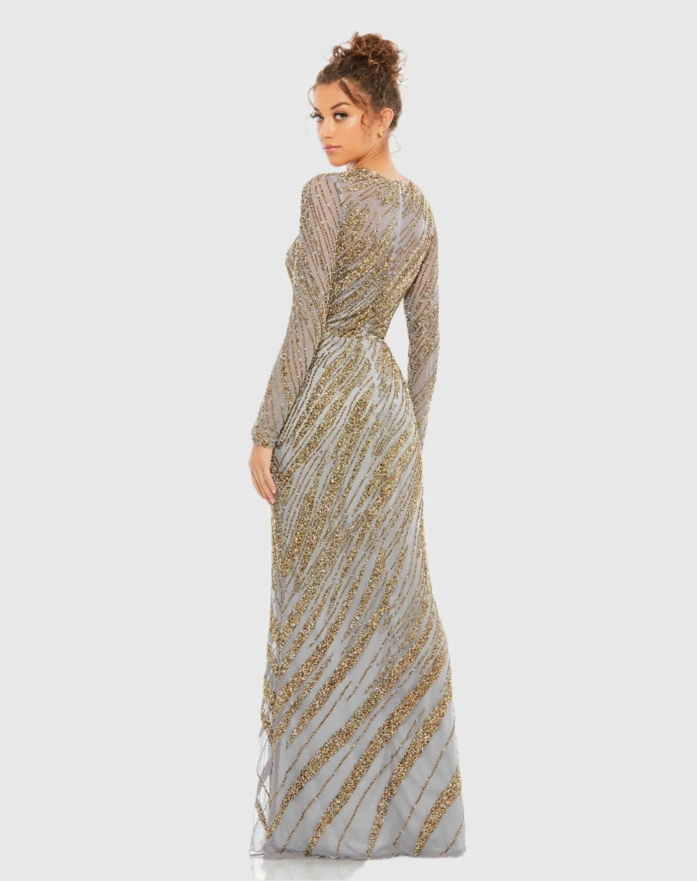 Long sleeve beaded column modest gown - Mocha