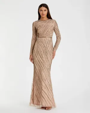 Long sleeve beaded column modest gown - Mocha