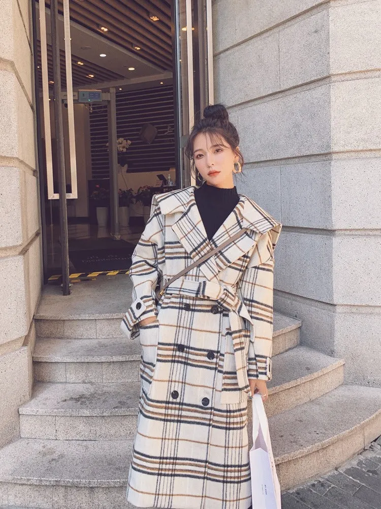 Loose Retro Plaid Mid-Length Woolen Women's Coat