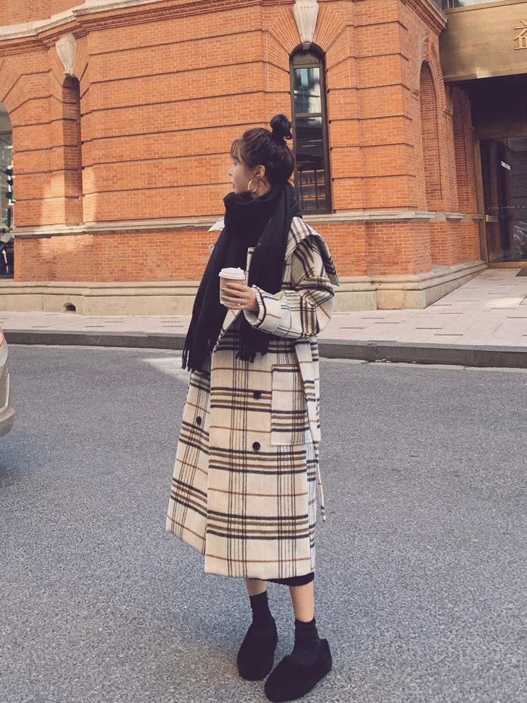 Loose Retro Plaid Mid-Length Woolen Women's Coat