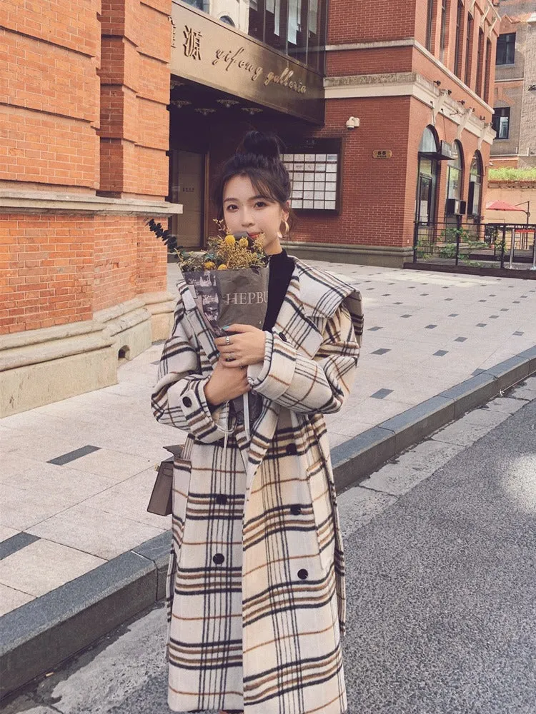 Loose Retro Plaid Mid-Length Woolen Women's Coat