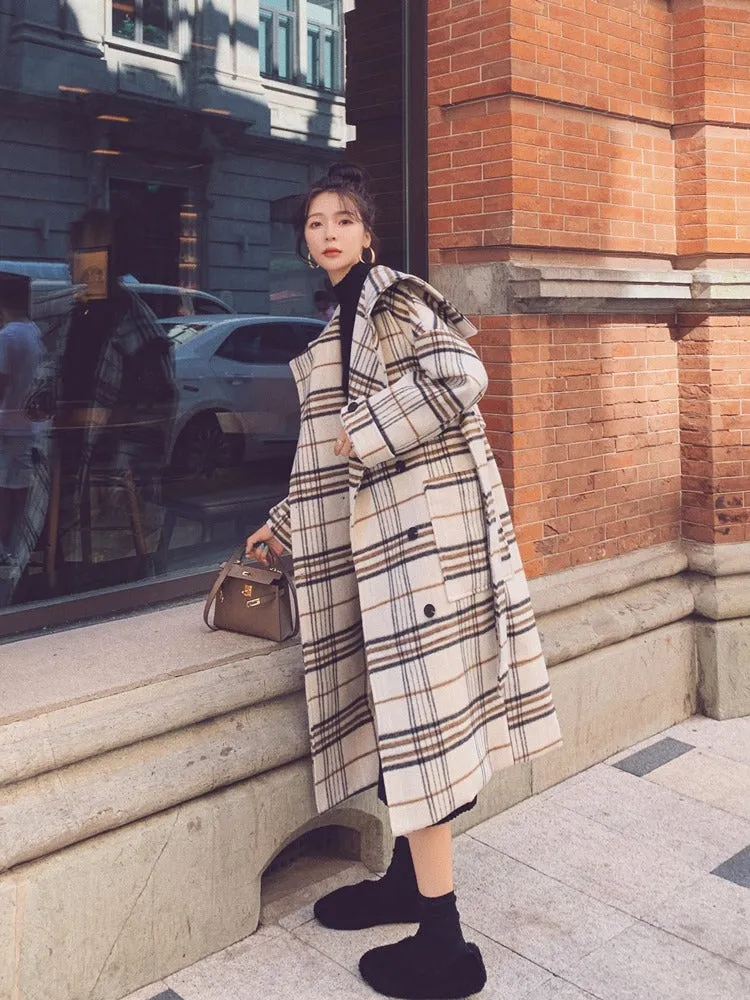 Loose Retro Plaid Mid-Length Woolen Women's Coat