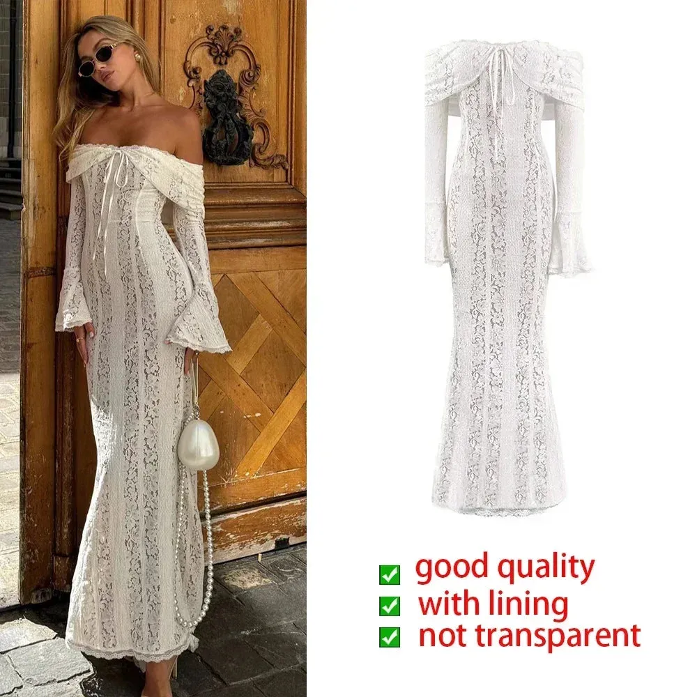 LVSANW Oligai Elegant Off The Shoulder Bodycon Dress 2025 New in White Flare Sleeve Lace Maxi Dress Wedding Guest Dress for Women