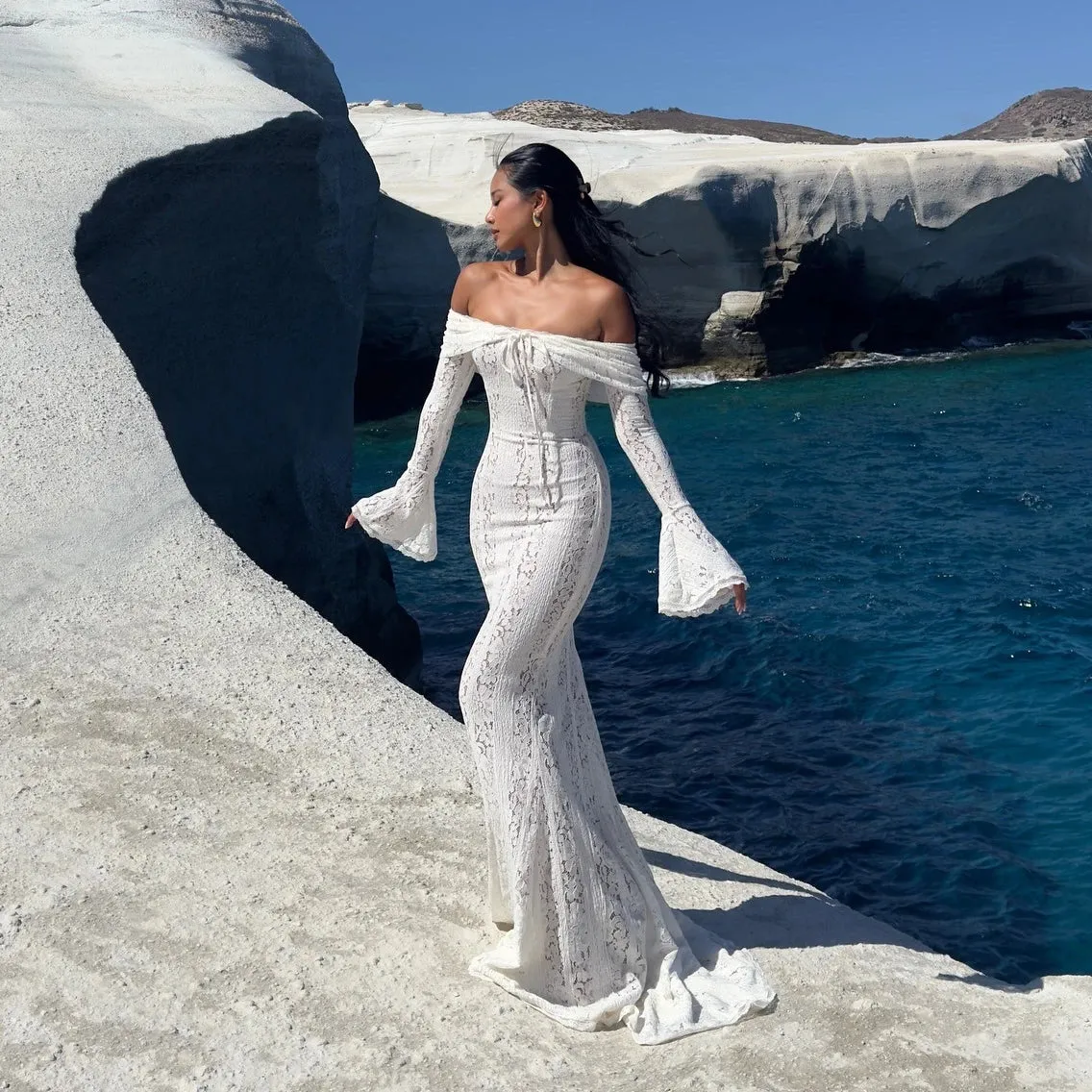 LVSANW Oligai Elegant Off The Shoulder Bodycon Dress 2025 New in White Flare Sleeve Lace Maxi Dress Wedding Guest Dress for Women