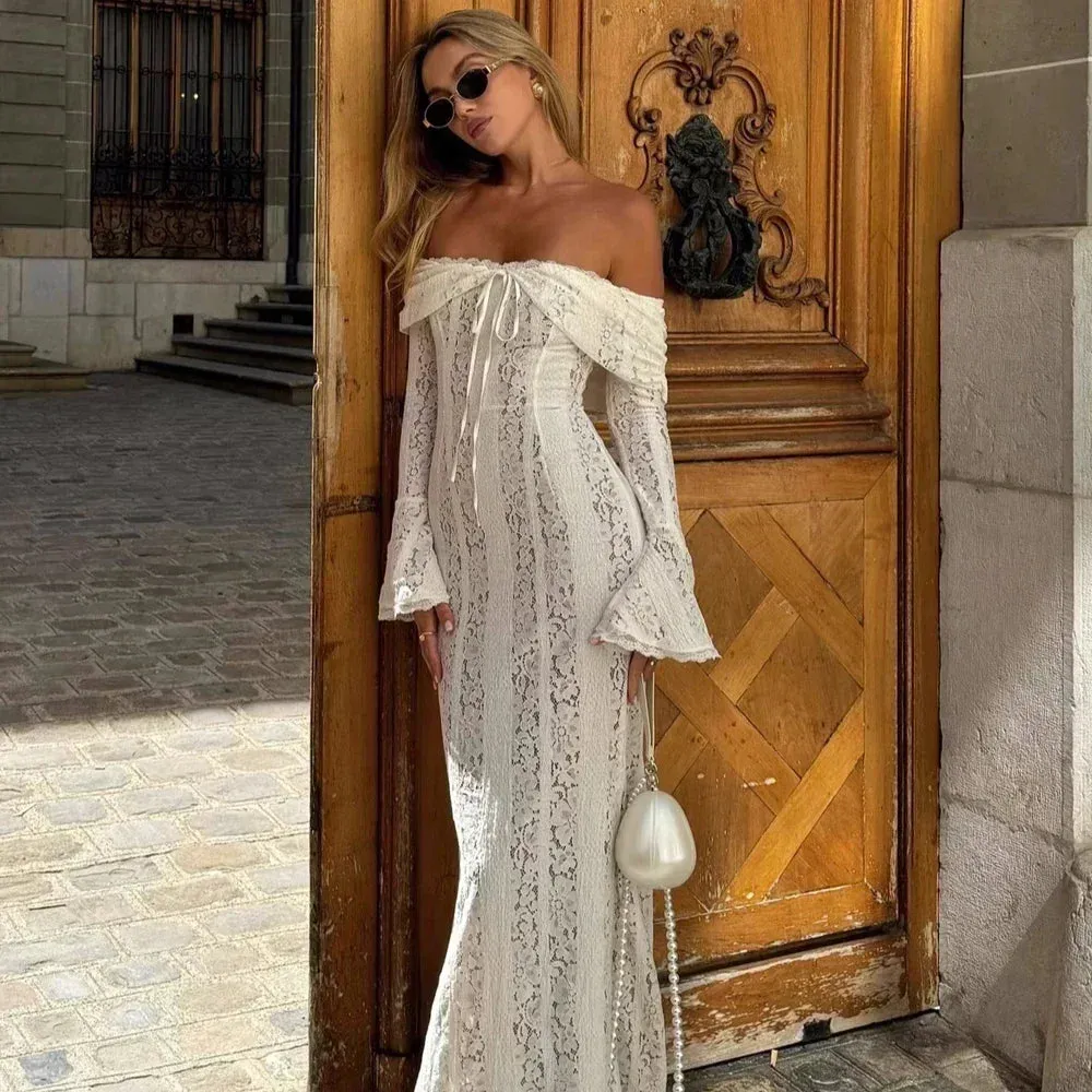 LVSANW Oligai Elegant Off The Shoulder Bodycon Dress 2025 New in White Flare Sleeve Lace Maxi Dress Wedding Guest Dress for Women