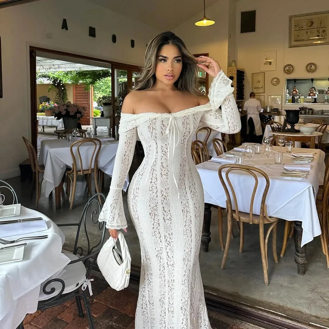 LVSANW Oligai Elegant Off The Shoulder Bodycon Dress 2025 New in White Flare Sleeve Lace Maxi Dress Wedding Guest Dress for Women