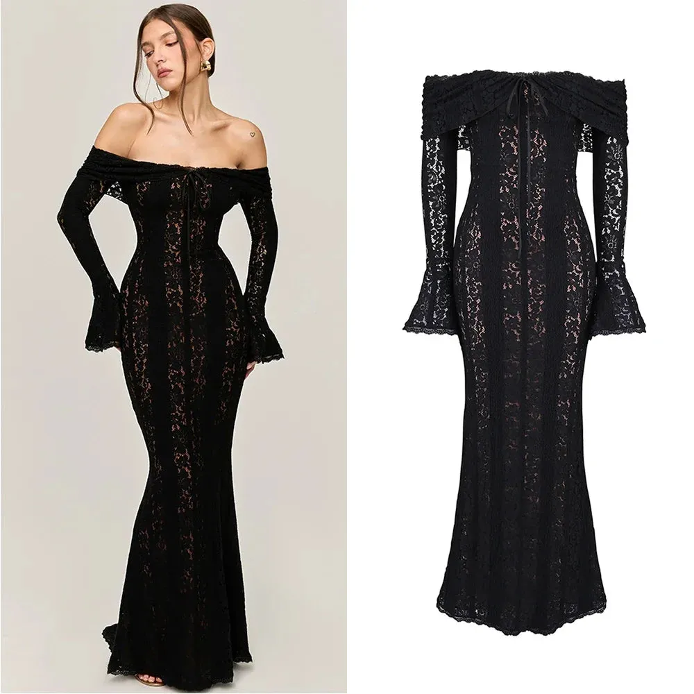 LVSANW Oligai Elegant Off The Shoulder Bodycon Dress 2025 New in White Flare Sleeve Lace Maxi Dress Wedding Guest Dress for Women