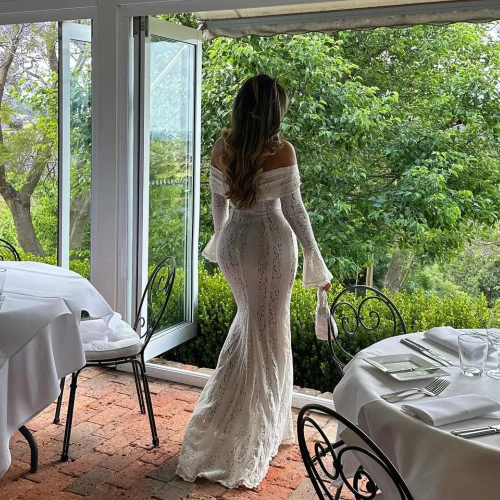 LVSANW Oligai Elegant Off The Shoulder Bodycon Dress 2025 New in White Flare Sleeve Lace Maxi Dress Wedding Guest Dress for Women