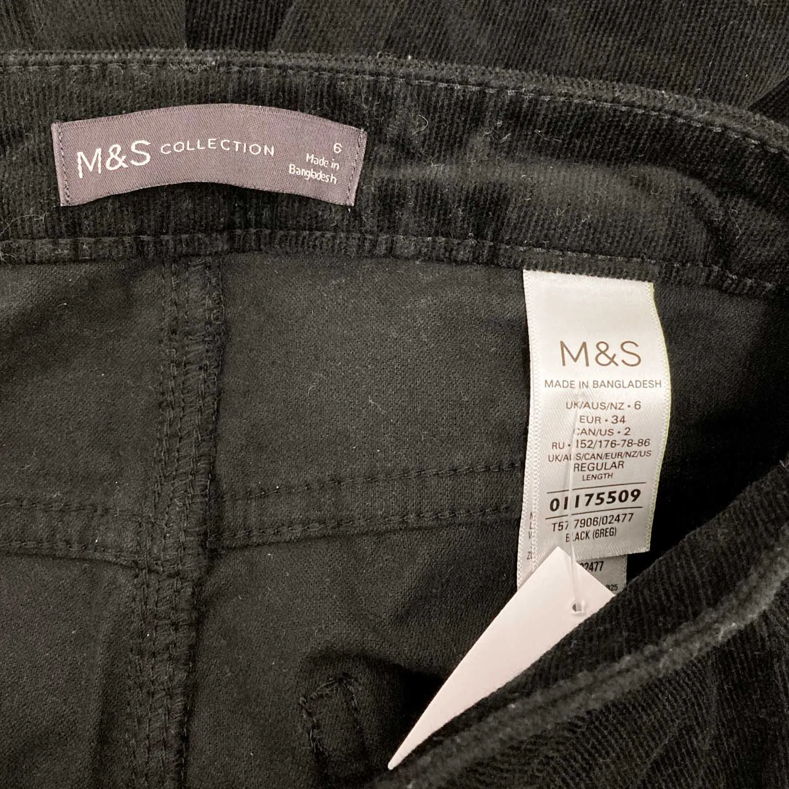 M&S Collection Black Soft Corduroy Straight Leg Trousers UK 6
