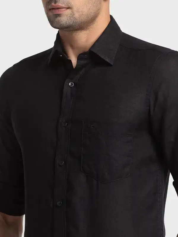 Men Black Tailored Fit Piece Dyed Linen Full Sleeve Shirts