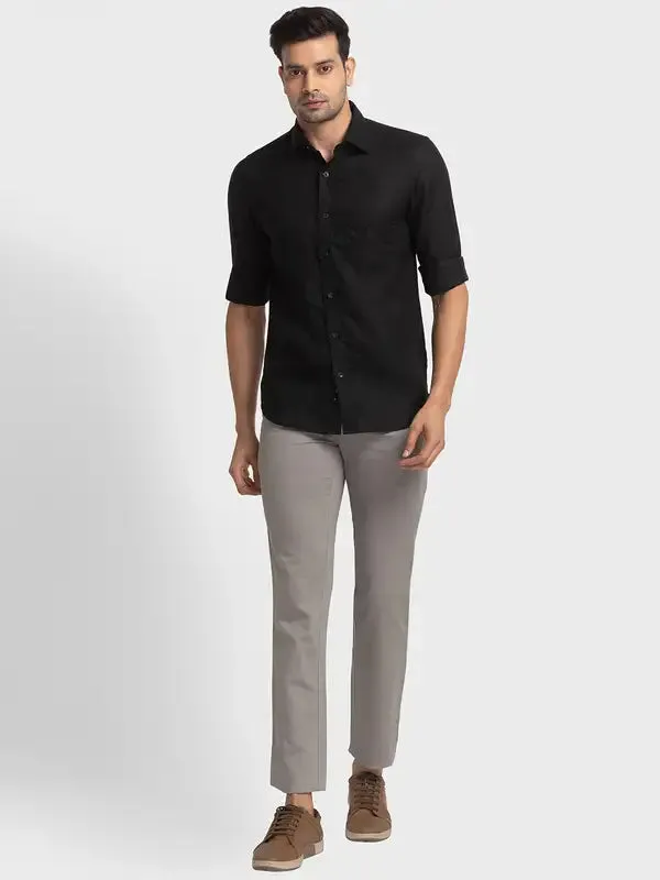 Men Black Tailored Fit Piece Dyed Linen Full Sleeve Shirts