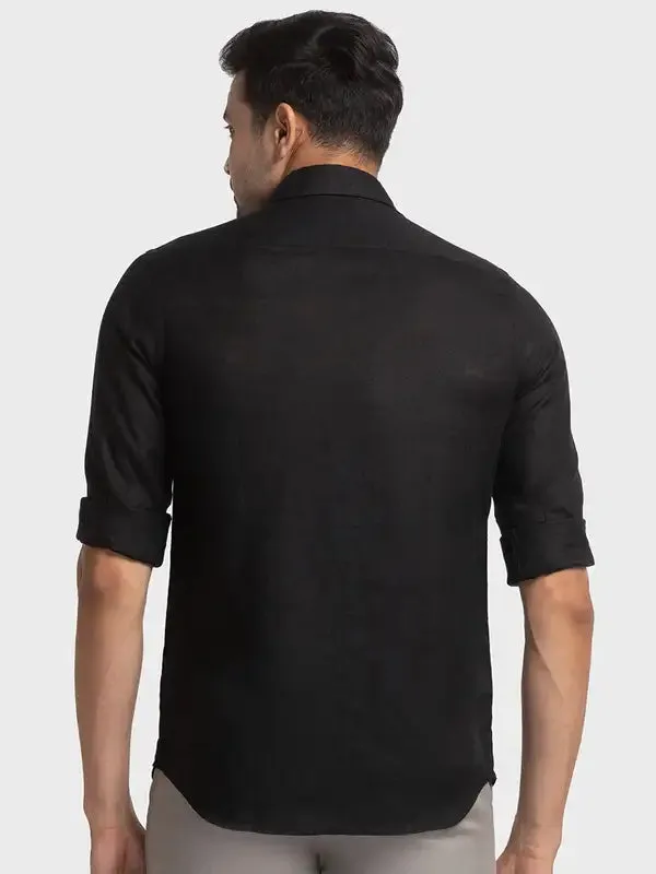 Men Black Tailored Fit Piece Dyed Linen Full Sleeve Shirts