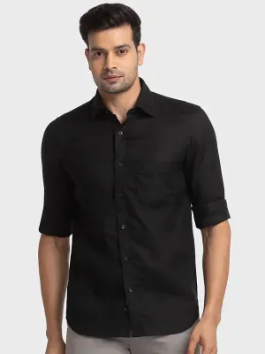 Men Black Tailored Fit Piece Dyed Linen Full Sleeve Shirts