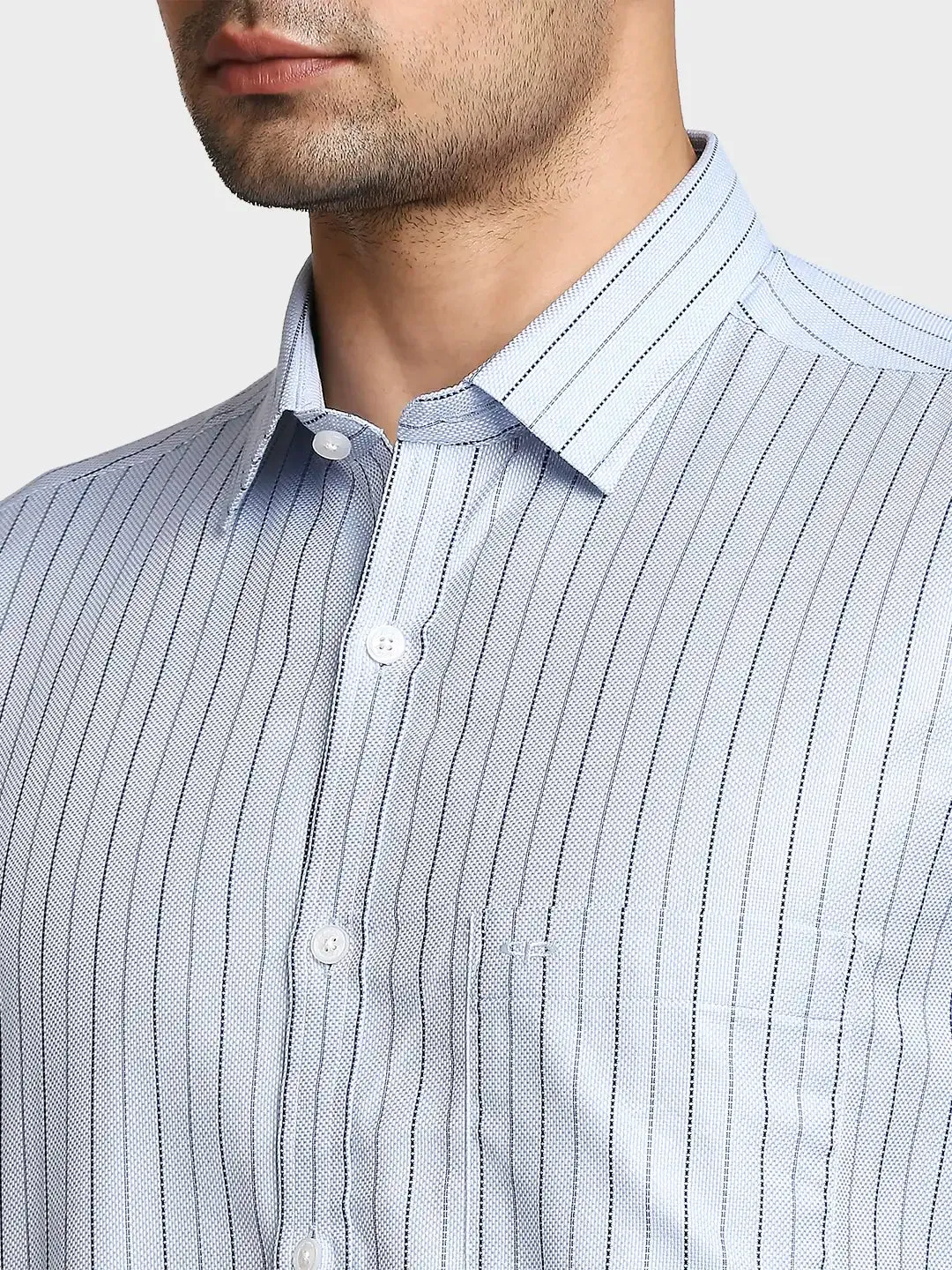 Men Blue Tailored Fit Dobby Stripe Cotton Full Sleeve Shirts