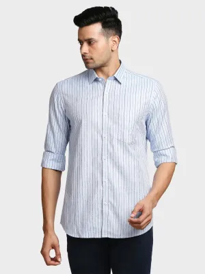 Men Blue Tailored Fit Dobby Stripe Cotton Full Sleeve Shirts