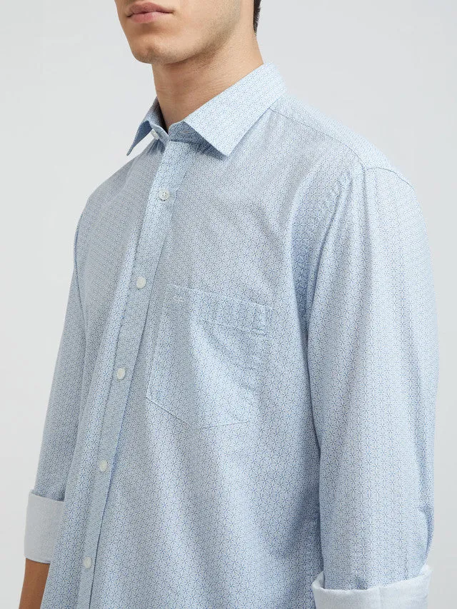 Men Blue Tailored Fit Print Cotton Blend Full Sleeve Shirts