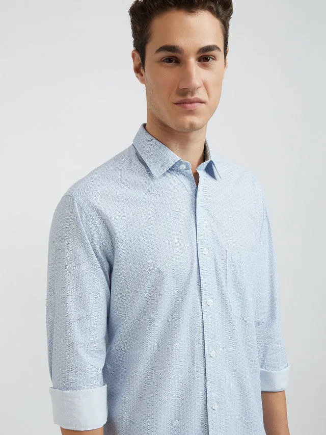 Men Blue Tailored Fit Print Cotton Blend Full Sleeve Shirts