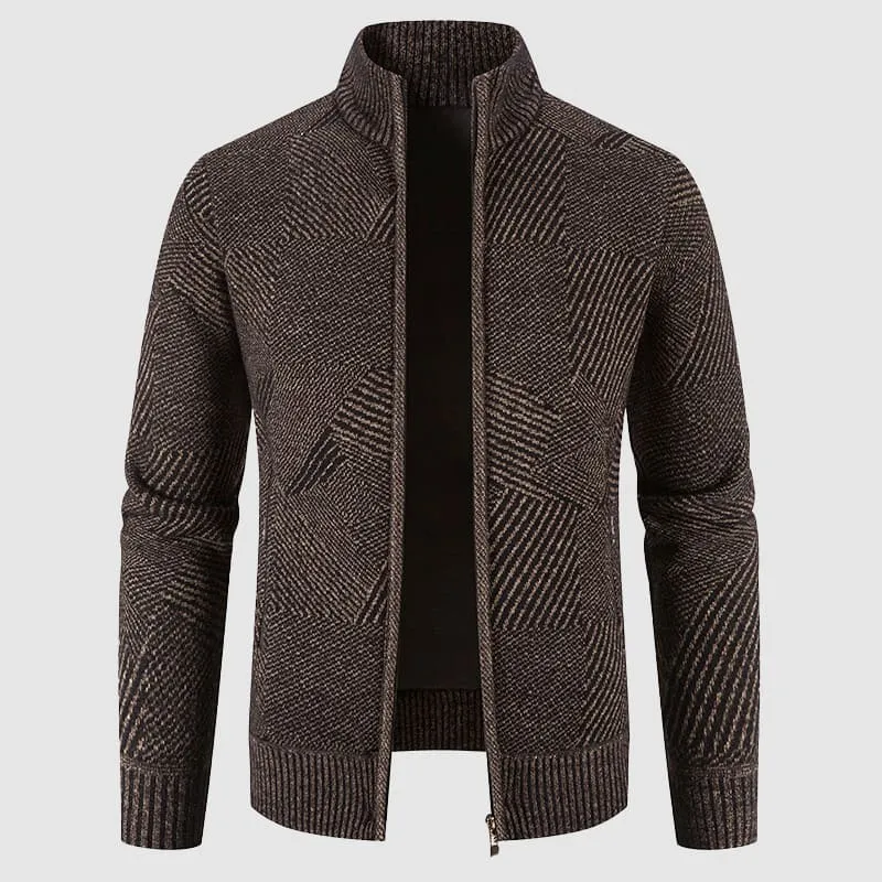 Mens Knit Cardigan  Zip-Up High Collar  Geometric Pattern  Ribbed Cuffs & Hem