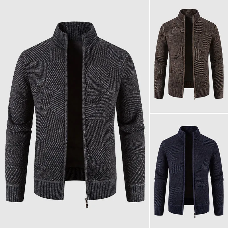 Mens Knit Cardigan  Zip-Up High Collar  Geometric Pattern  Ribbed Cuffs & Hem