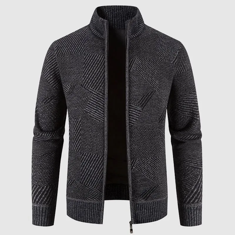 Mens Knit Cardigan  Zip-Up High Collar  Geometric Pattern  Ribbed Cuffs & Hem