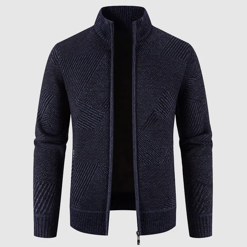 Mens Knit Cardigan  Zip-Up High Collar  Geometric Pattern  Ribbed Cuffs & Hem