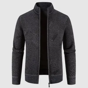 Mens Knit Cardigan  Zip-Up High Collar  Geometric Pattern  Ribbed Cuffs & Hem