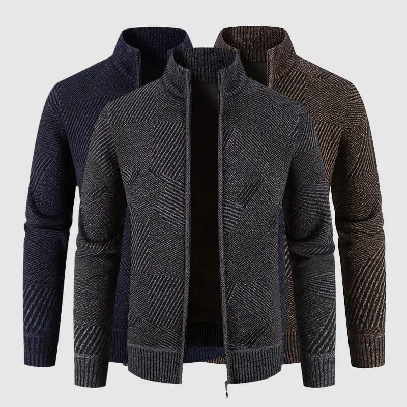 Mens Knit Cardigan  Zip-Up High Collar  Geometric Pattern  Ribbed Cuffs & Hem