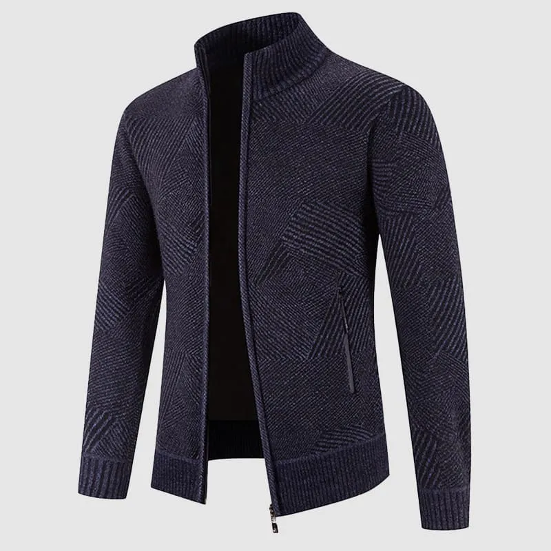 Mens Knit Cardigan  Zip-Up High Collar  Geometric Pattern  Ribbed Cuffs & Hem