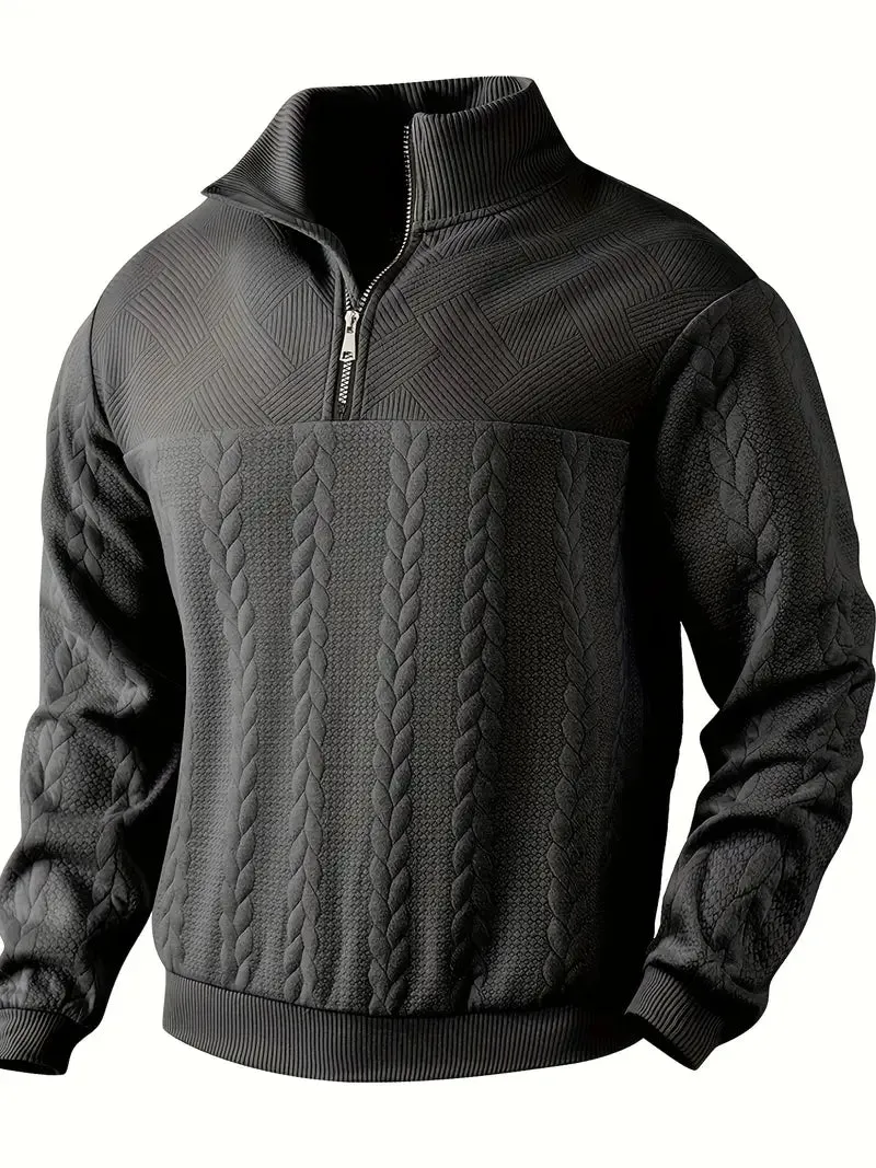 Men's Knit Henley Sweatshirt - Stand Collar, 1/4 Zip, Long Sleeve