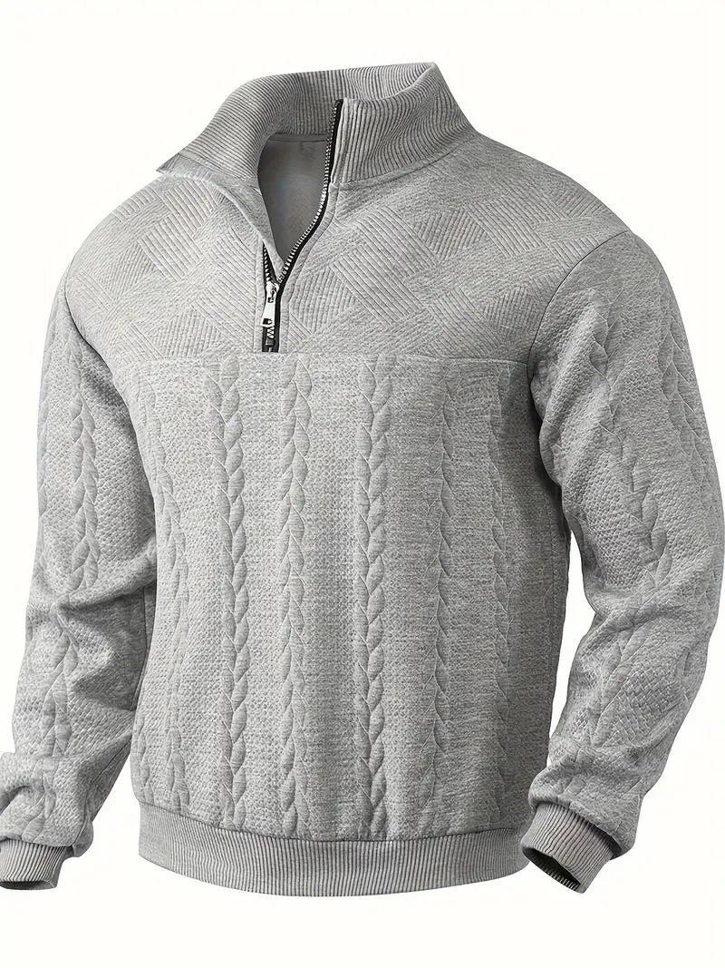 Men's Knit Henley Sweatshirt - Stand Collar, 1/4 Zip, Long Sleeve