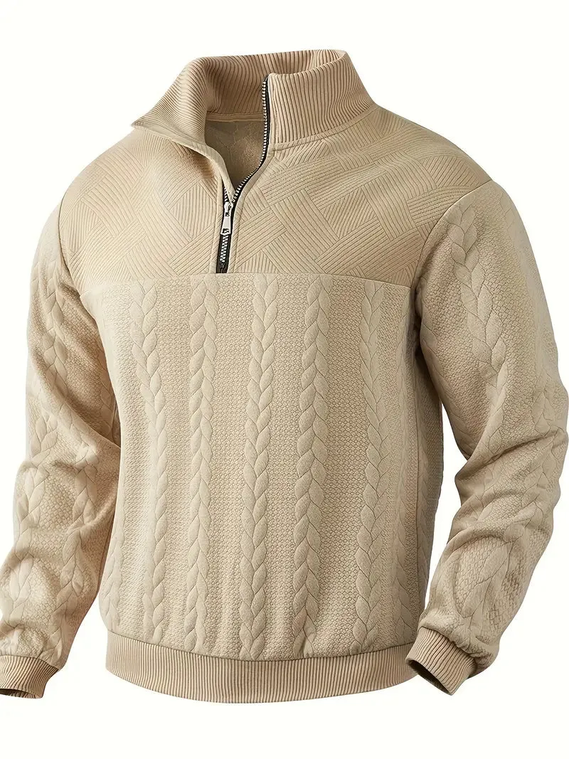 Men's Knit Henley Sweatshirt - Stand Collar, 1/4 Zip, Long Sleeve