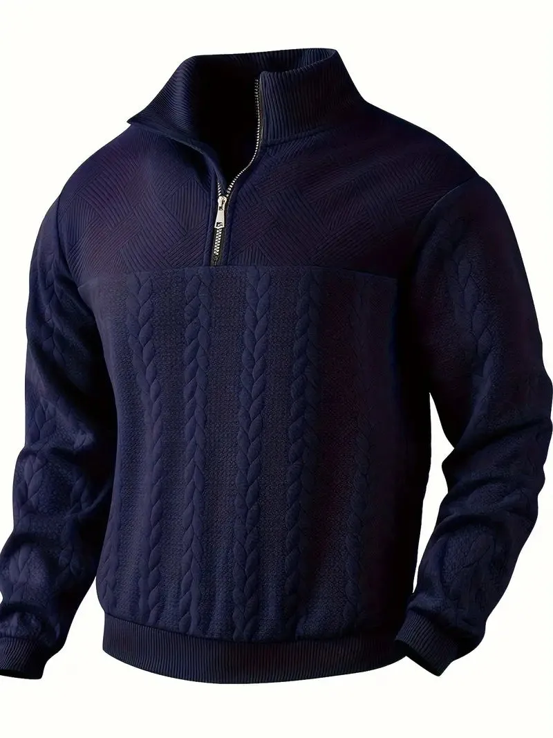 Men's Knit Henley Sweatshirt - Stand Collar, 1/4 Zip, Long Sleeve