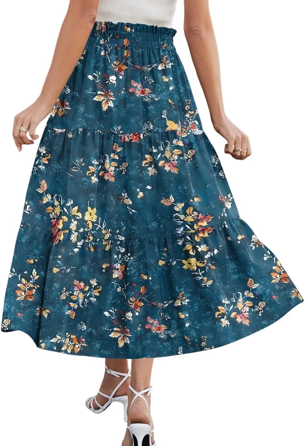 Midi Skirt for Women Summer Layered Tiered High Waisted Knee Length Skirt A Line Swing Floral Print Skirts with Pockets